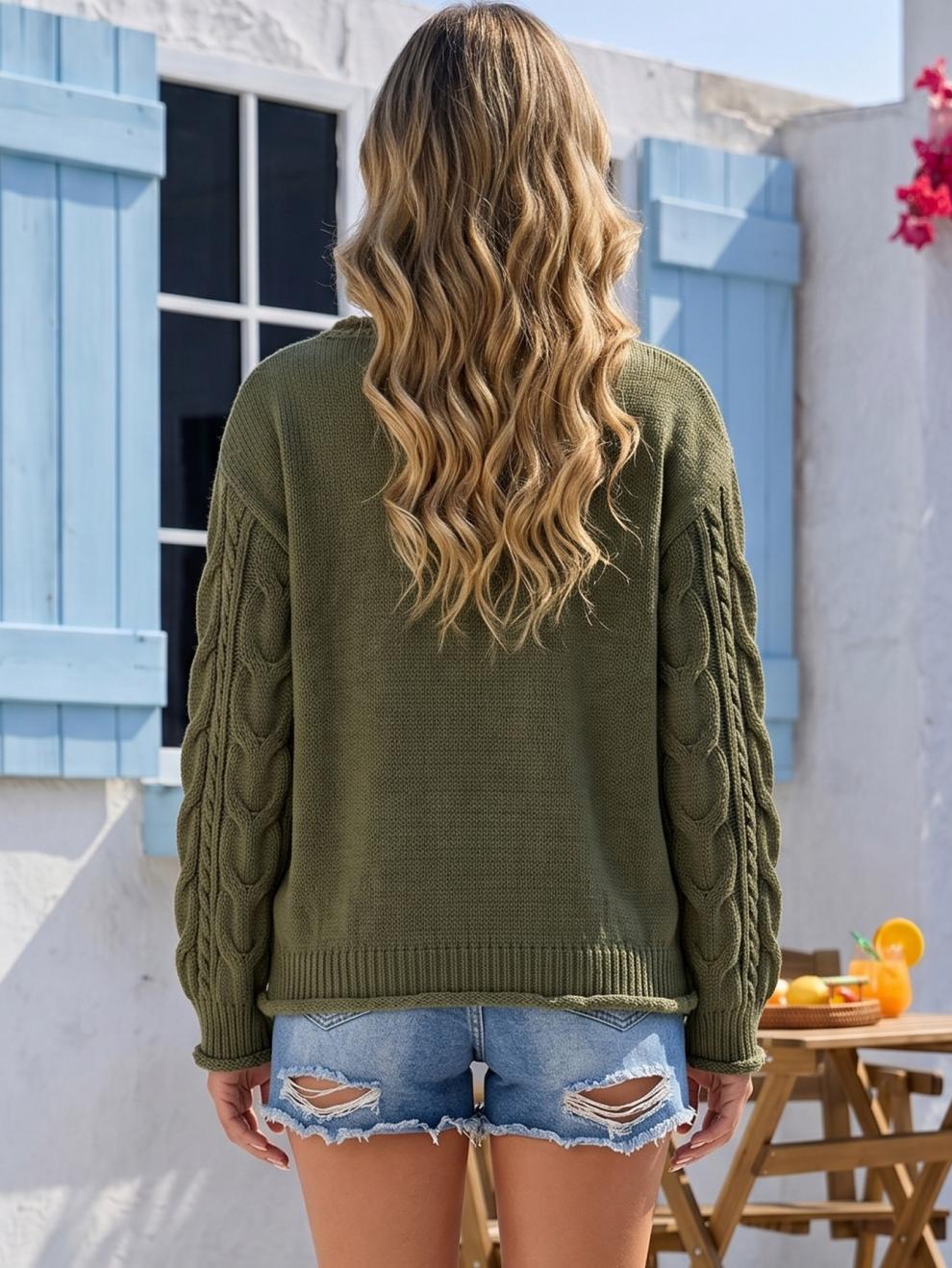 Women's Cable Knit Flower Jumper in Army Green, view 5