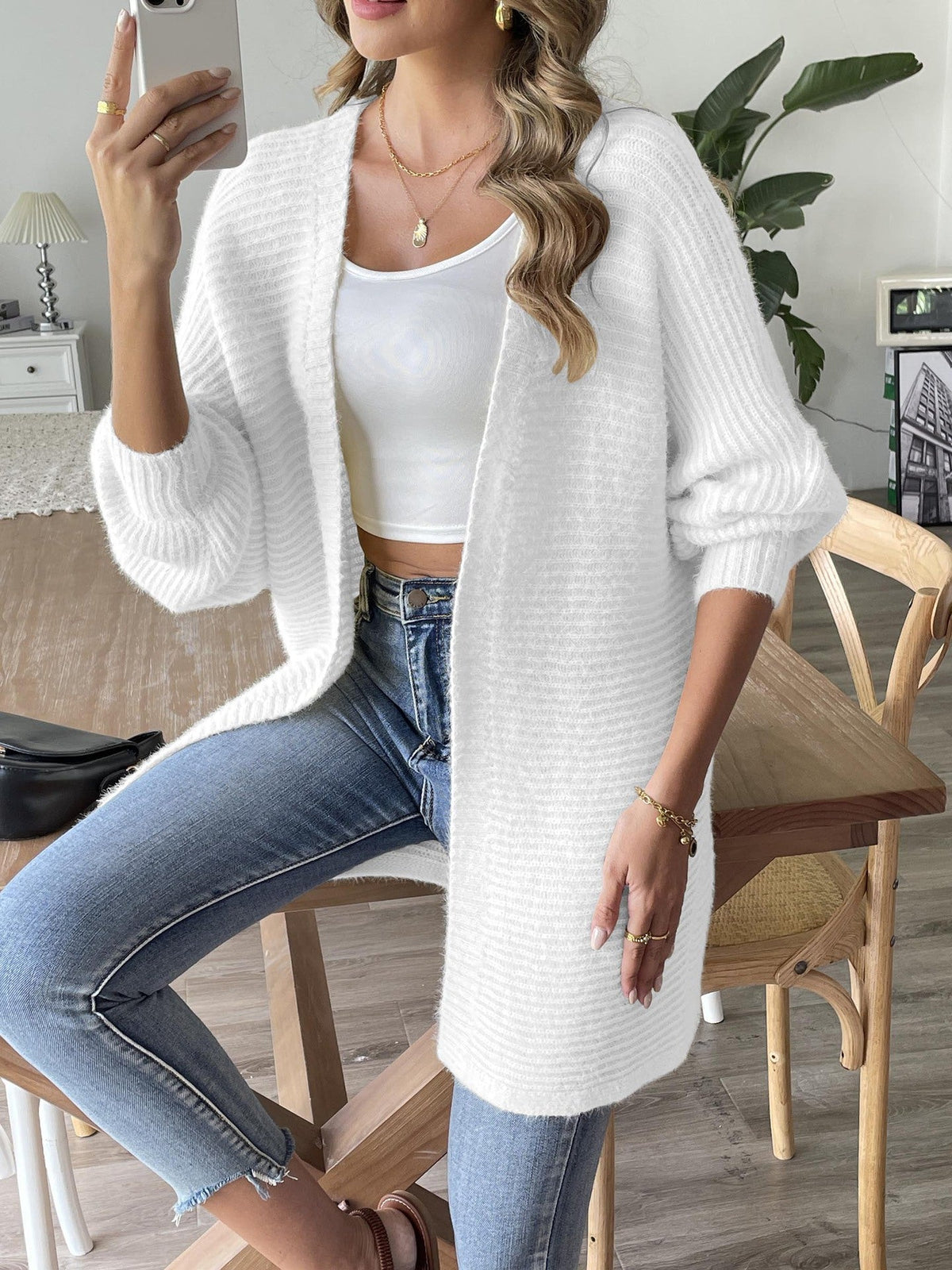 Women's Faux Fur Open Cardigan in White, view 2