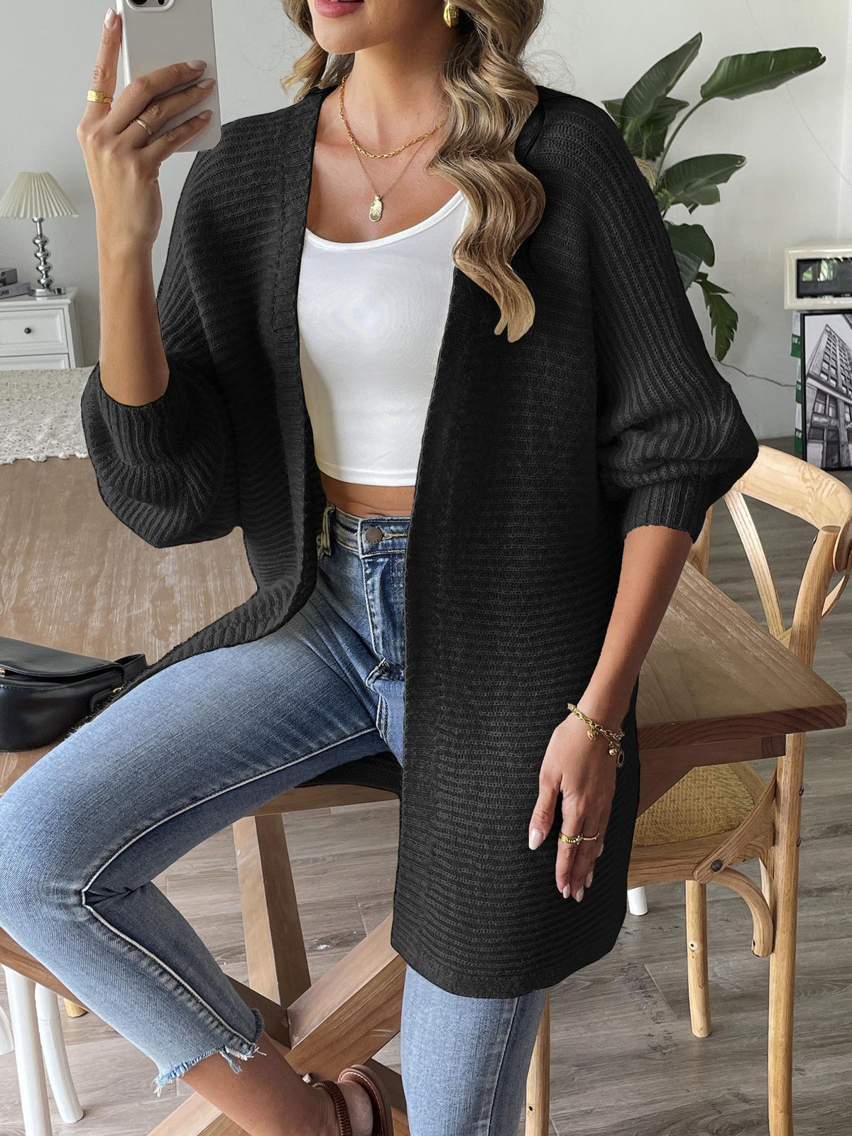 Women's Faux Fur Open Cardigan in Black, view 3