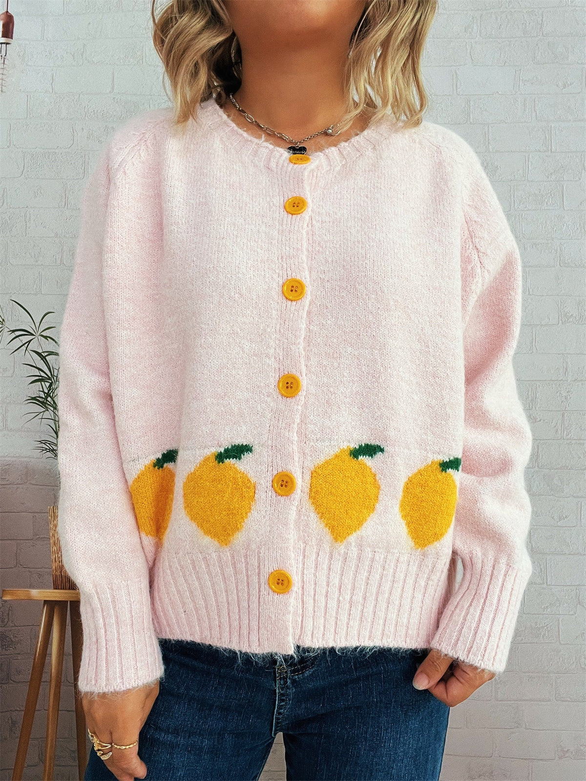 Women's Lemon Button Cardigan in Pink, view 3