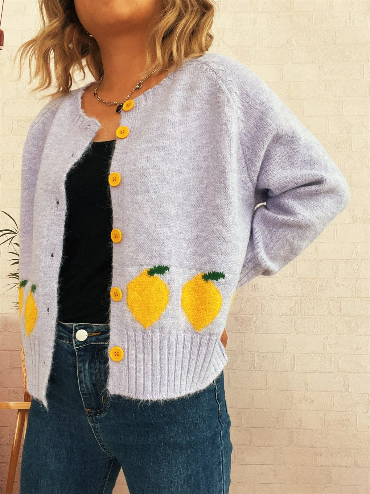 Women's Lemon Button Cardigan in Purple, view 2