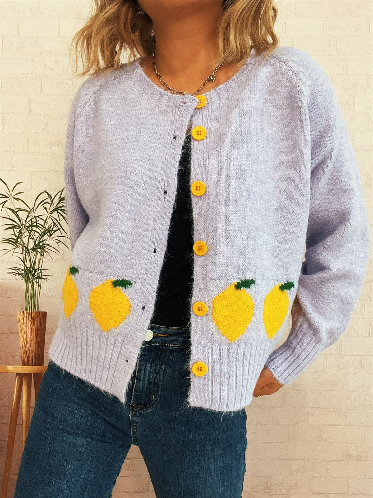 Women's Lemon Button Cardigan in Purple, view 4