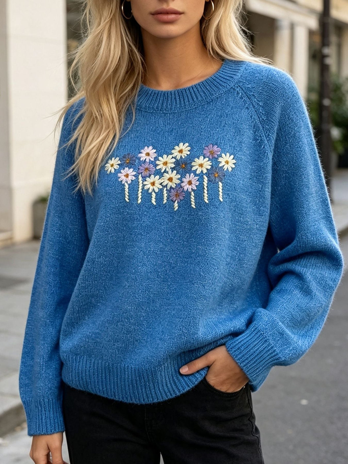 Women's Daisy Embroidered Jumper in Blue