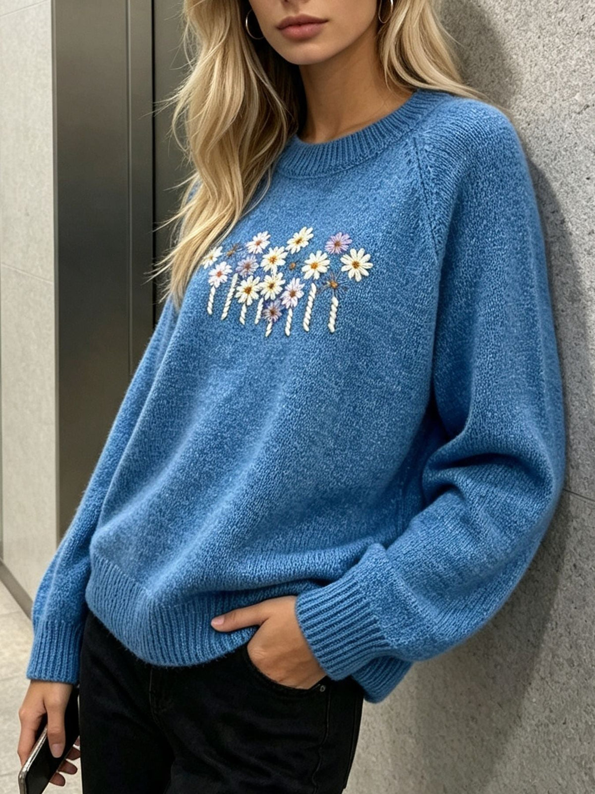 Women's Daisy Embroidered Jumper in Blue, view 3
