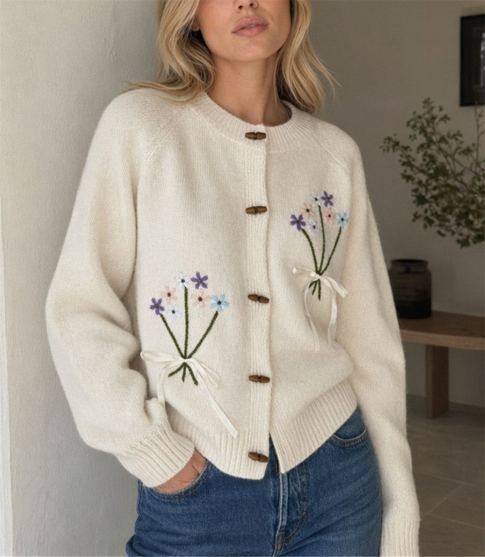 Women's Embroidered Flower Cardigan in White