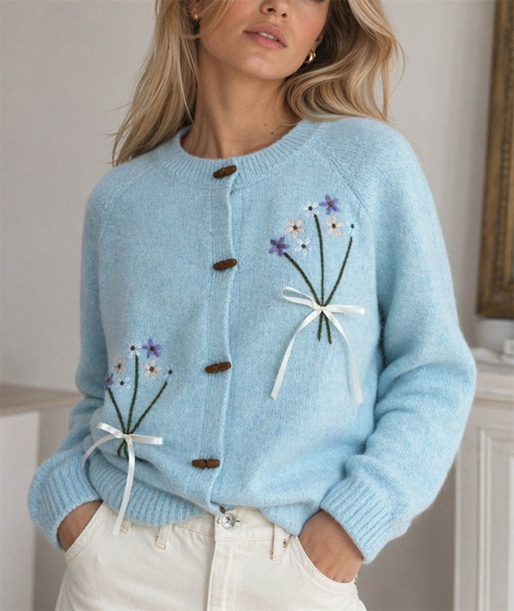 Women's Embroidered Flower Cardigan in Blue