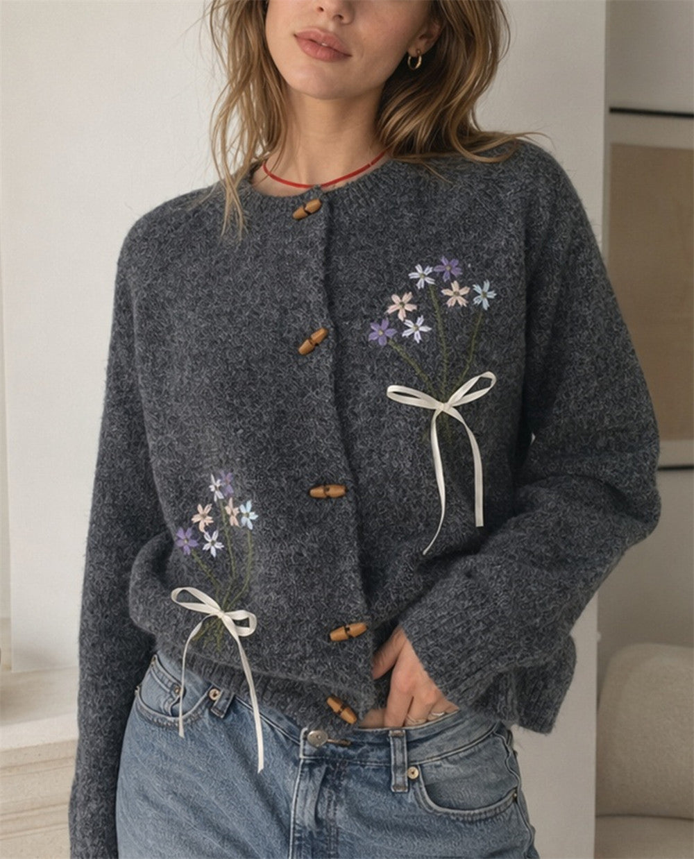 Women's Embroidered Flower Cardigan in Dark Grey