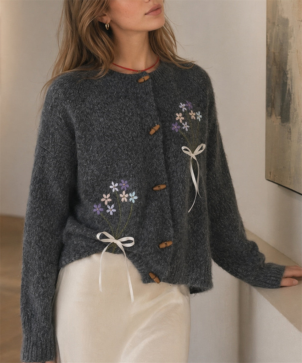 Women's Embroidered Flower Cardigan in Dark Grey, view 3