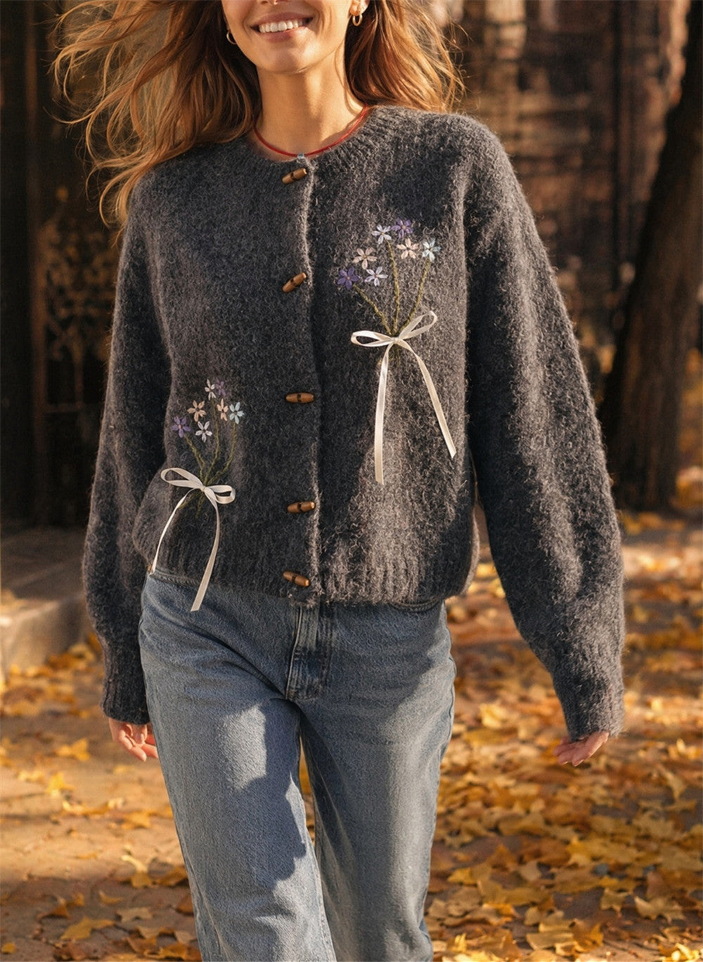 Women's Embroidered Flower Cardigan in Dark Grey, view 4