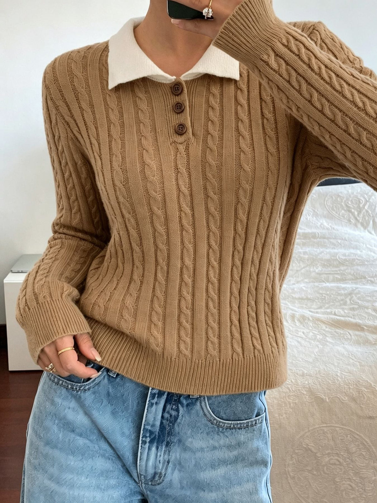 Women's Cable Knit Polo Jumper in Camel