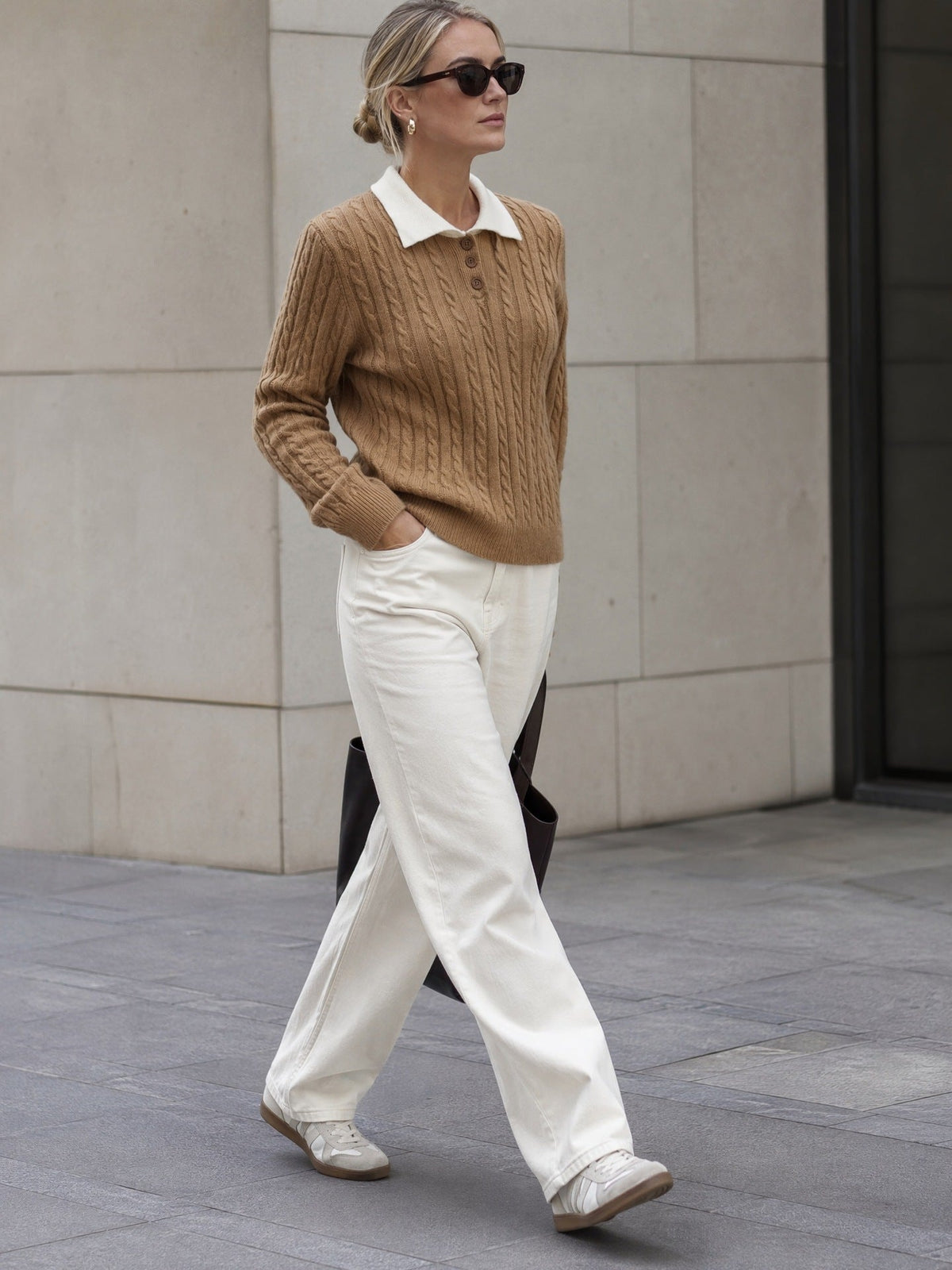Women's Cable Knit Polo Jumper in Camel, view 4