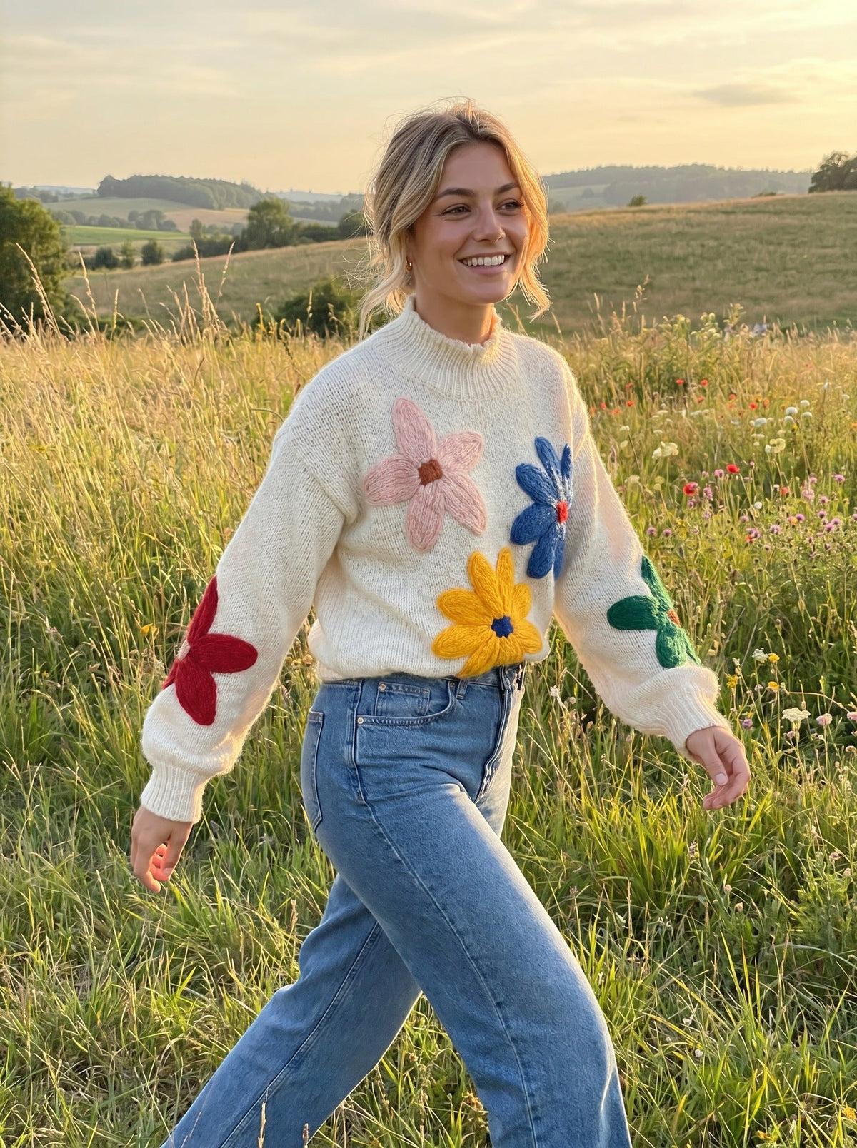 Women's Flower Applique Jumper in White, view 3