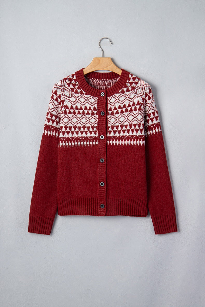 Women's Fair Isle Button Cardigan in Red, view 5