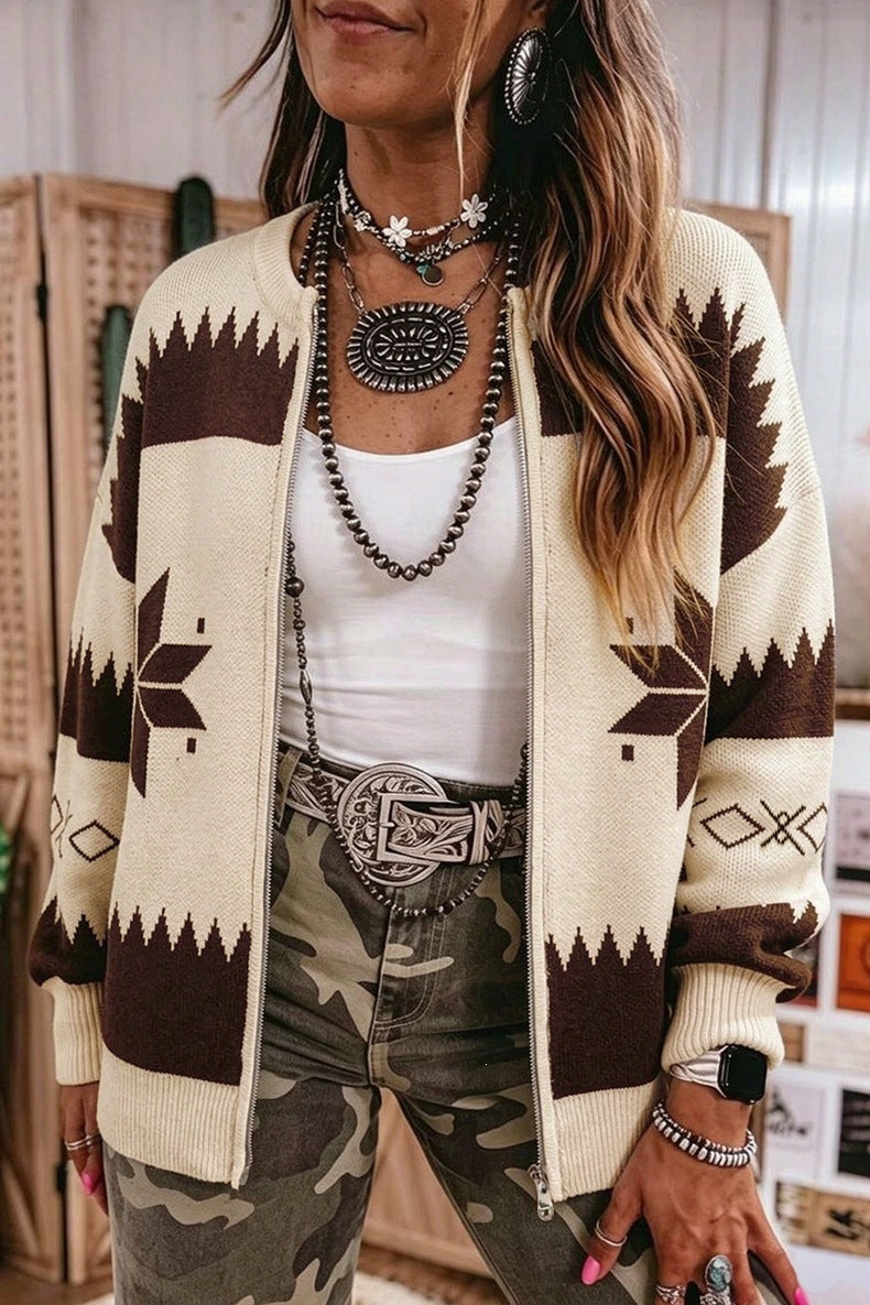 Women's Snowflake Zip Cardigan in Cream