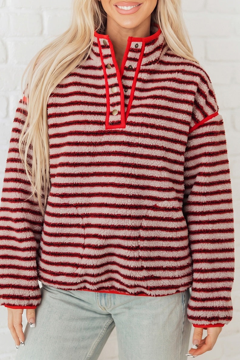 Women's Striped Sherpa Pullover in Red