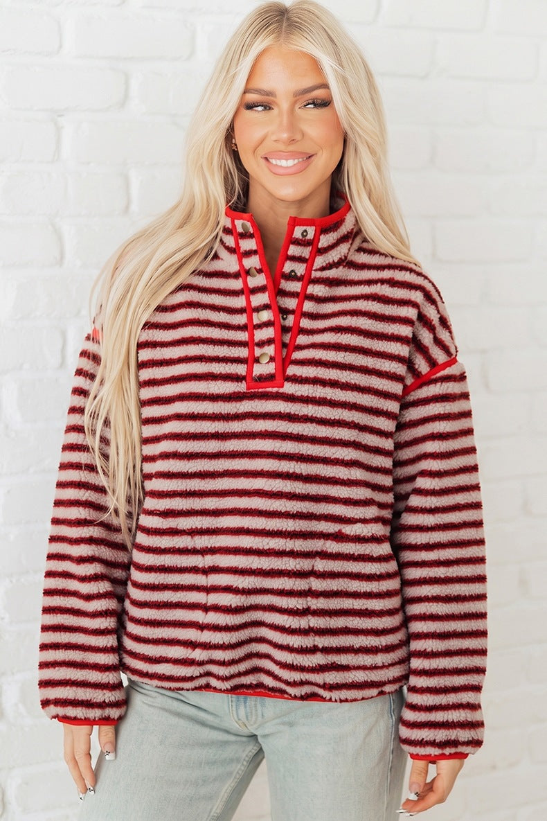 Women's Striped Sherpa Pullover in Red, view 2
