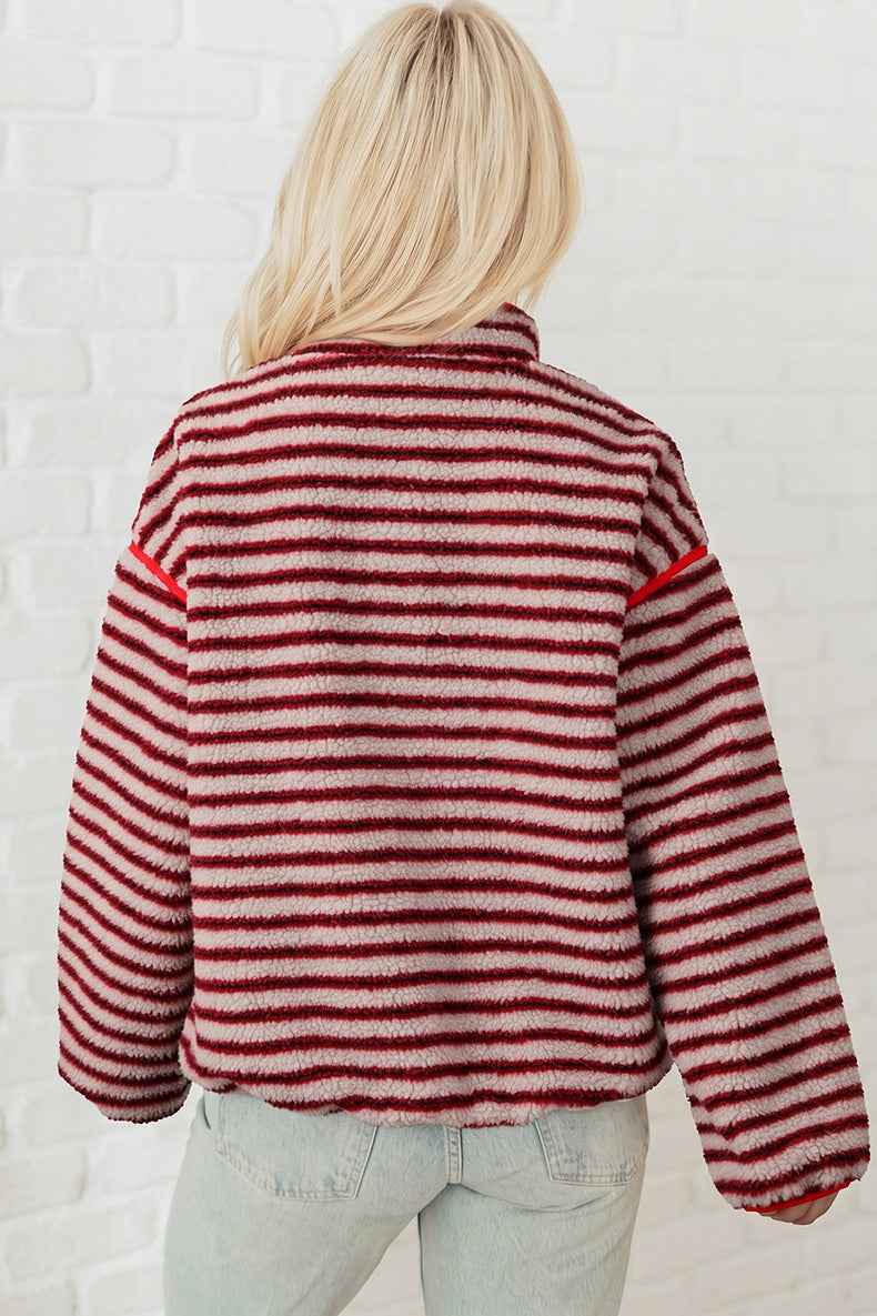 Women's Striped Sherpa Pullover in Red, view 3