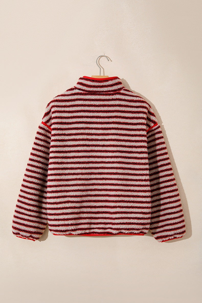 Women's Striped Sherpa Pullover in Red, view 5
