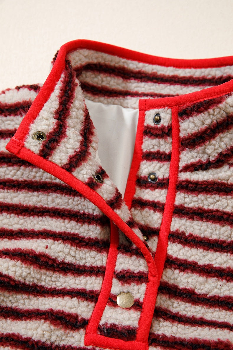 Women's Striped Sherpa Pullover in Red, view 6