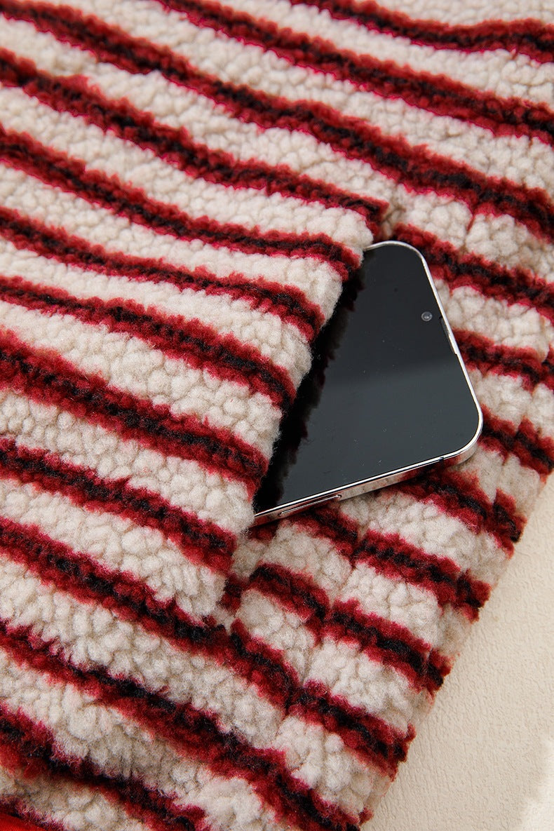 Women's Striped Sherpa Pullover in Red, view 7