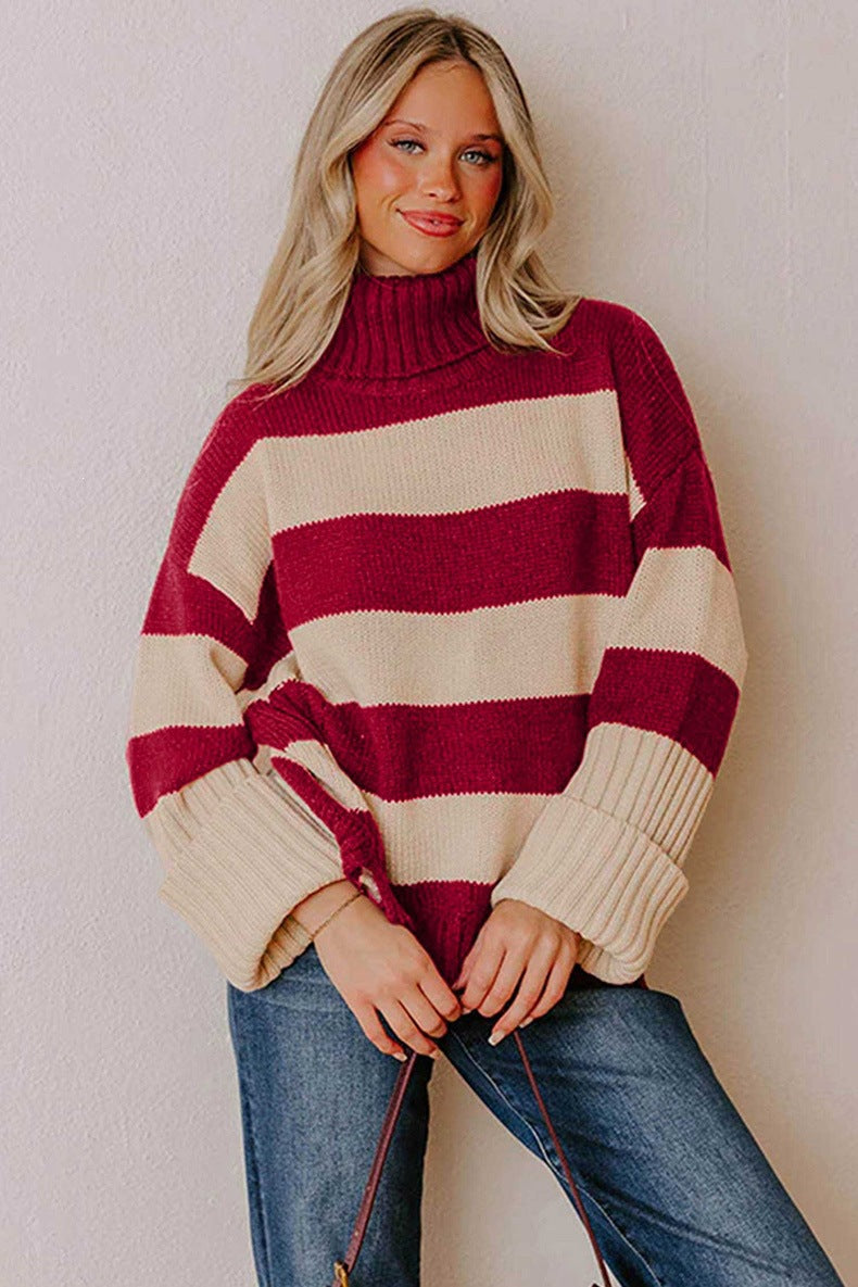 Women's Striped Roll Neck Jumper in Red