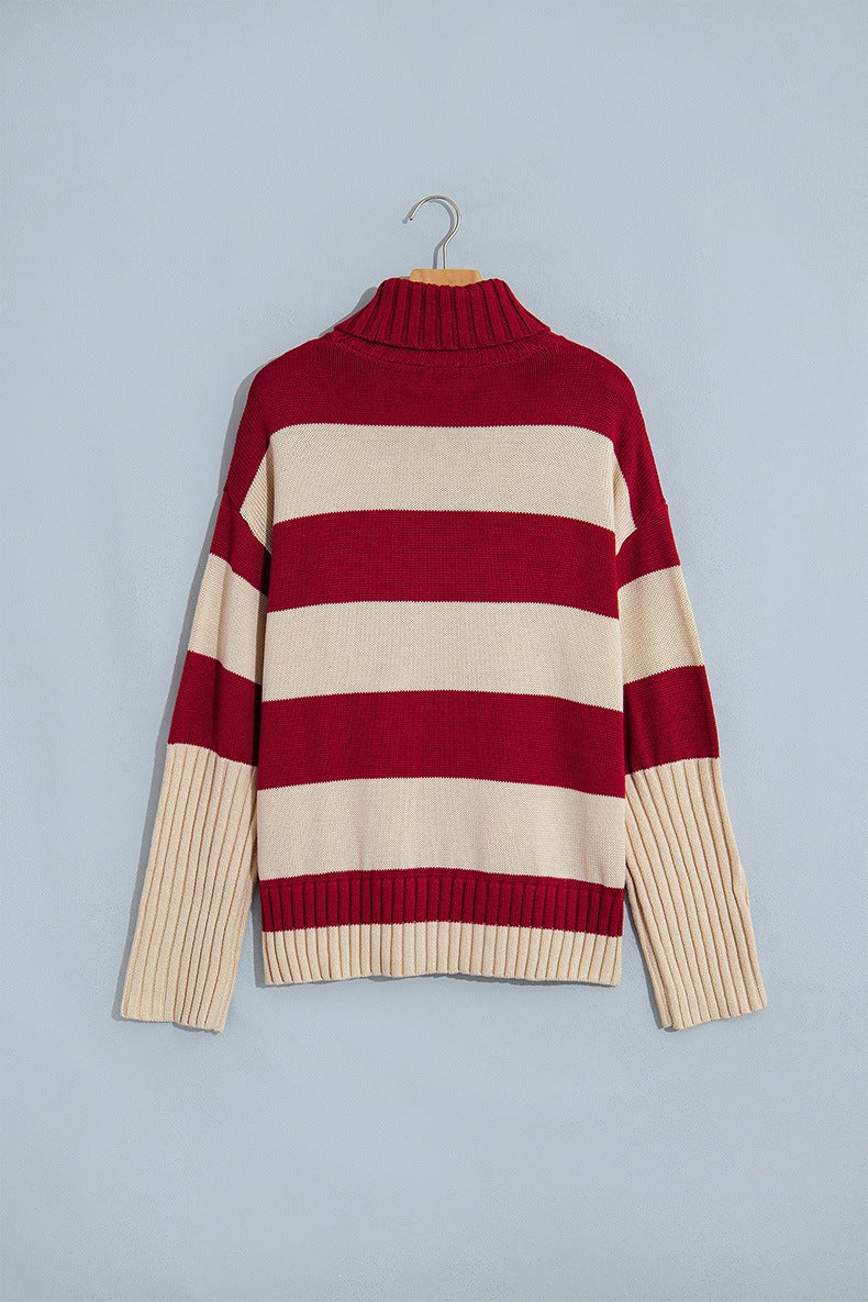 Women's Striped Roll Neck Jumper in Red, view 5