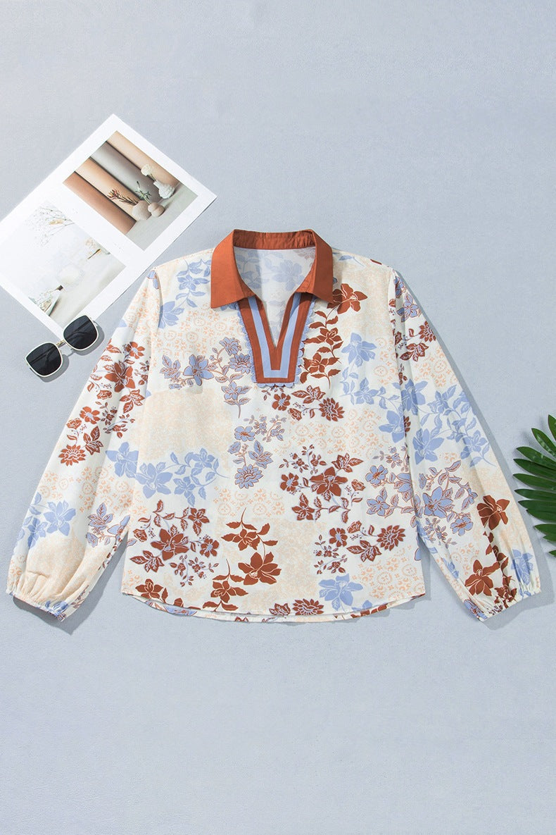Women's Floral V Neck Blouse in Cream, view 2