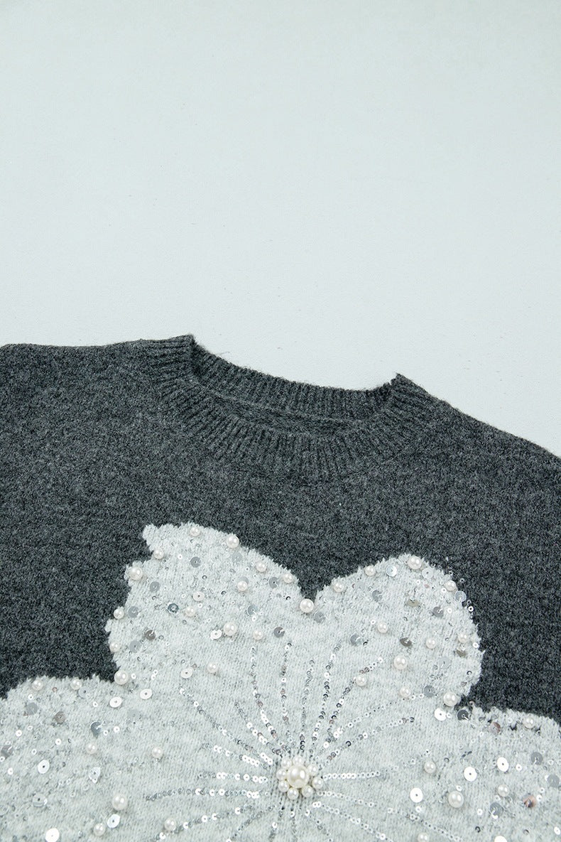 Women's Beaded Flower Jumper in Dark Grey, view 5