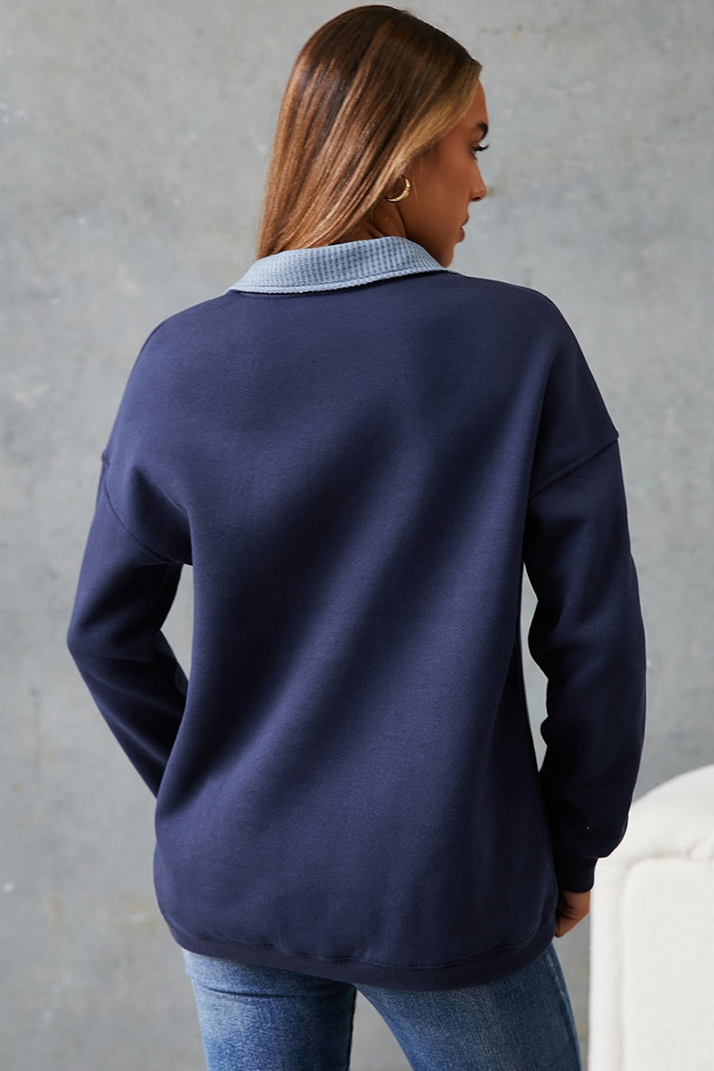 Women's Denim Collar Sweatshirt in Navy, view 4