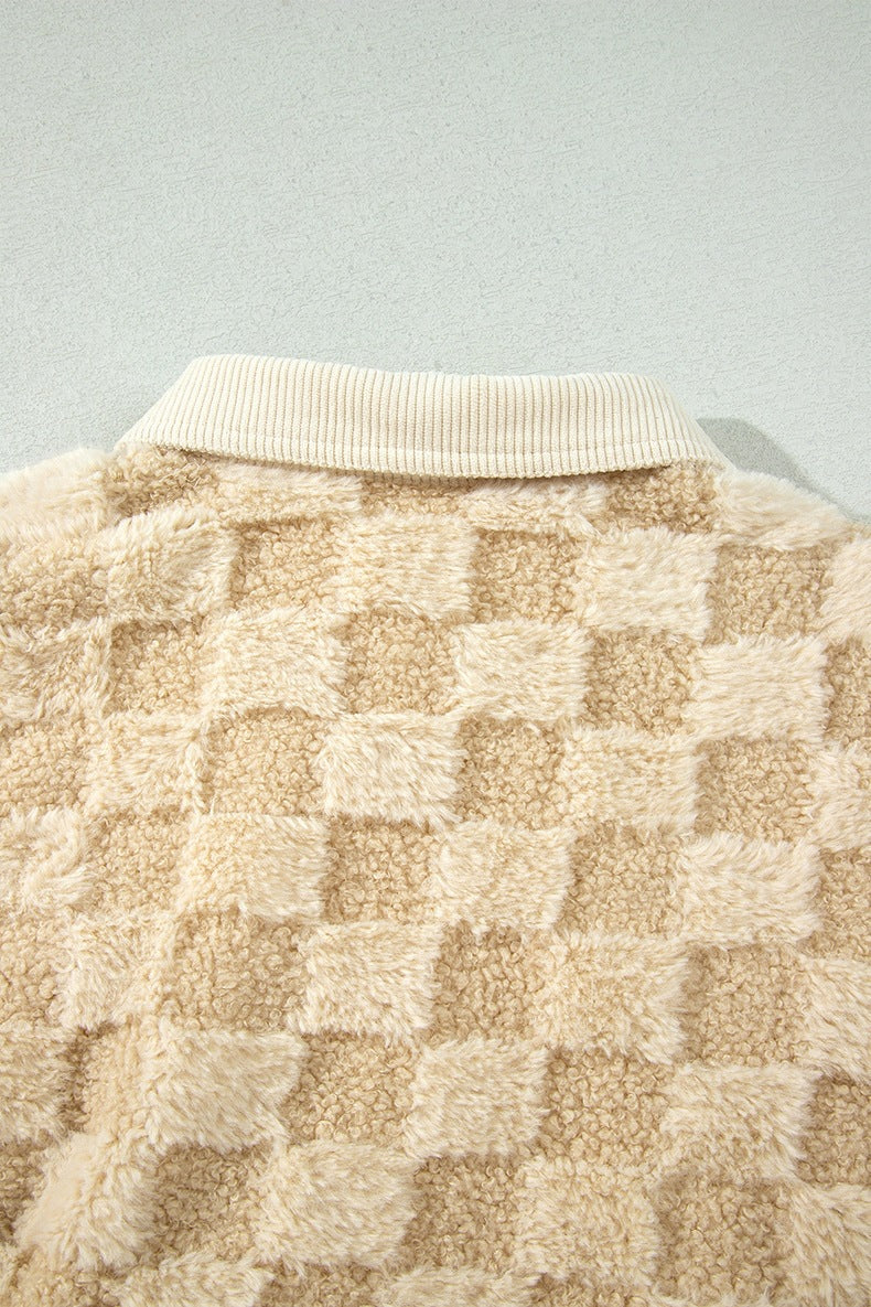 Women's Checkerboard Teddy Jacket in Beige, view 6