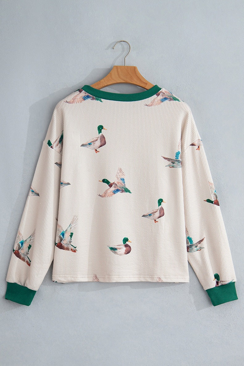 Women's Bird Print Sweatshirt in Cream, view 2