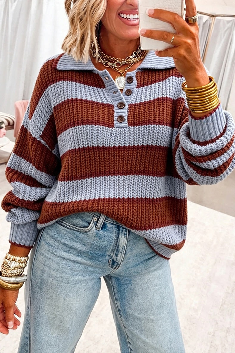 Women's Half Button Striped Jumper in Burgundy