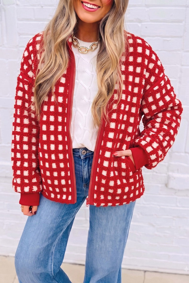 Women's Gingham Teddy Jacket in Red