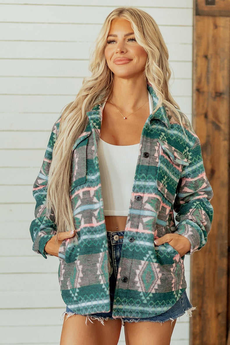 Women's Aztec Shirt Jacket in Green, view 2