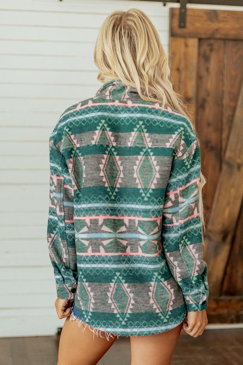 Women's Aztec Shirt Jacket in Green, view 4