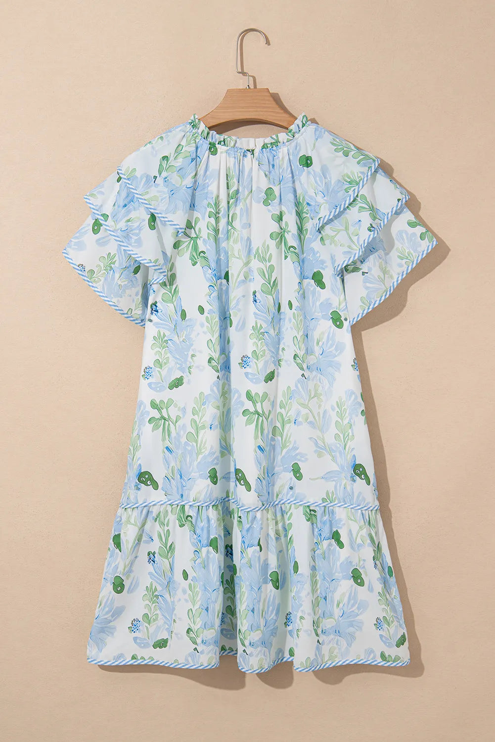 Floral Mini Dress with Contrast Trim and Ruffle Sleeves