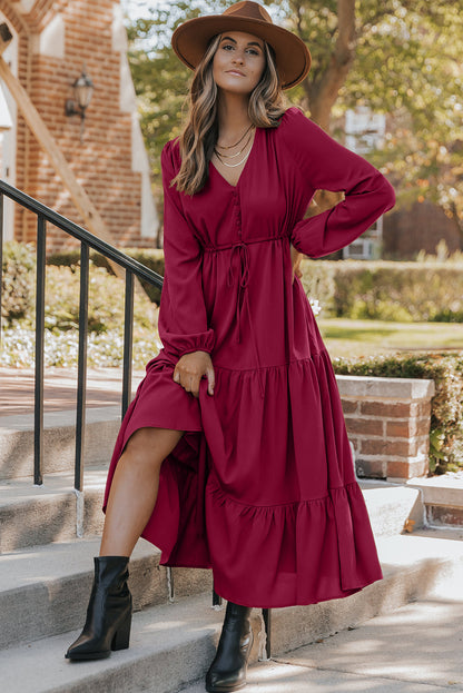 Women's Burgundy Long Sleeve V Neck Summer Maxi Dress