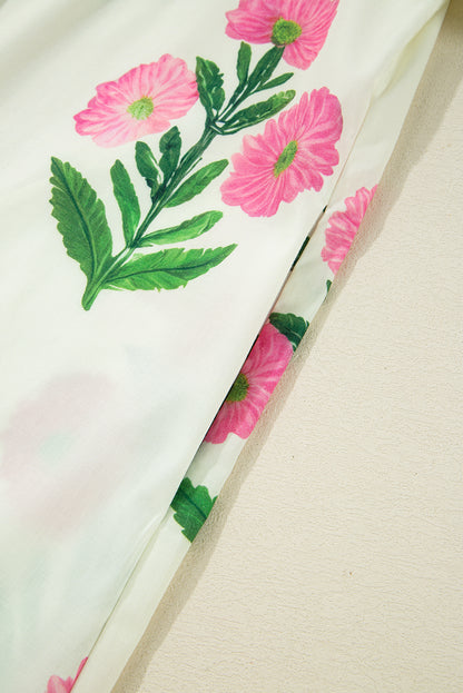 Women's White Floral Short Sleeve Split Neck Loose Summer Mini Dress