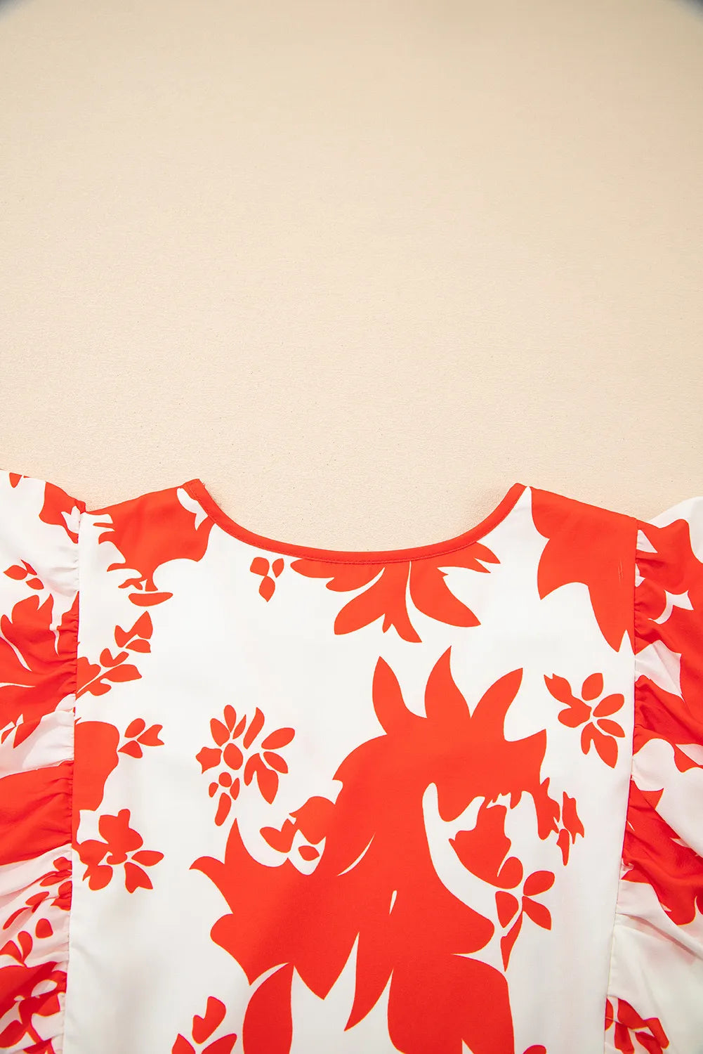 Red Floral Maxi Dress with Ruffle Sleeves and Pockets