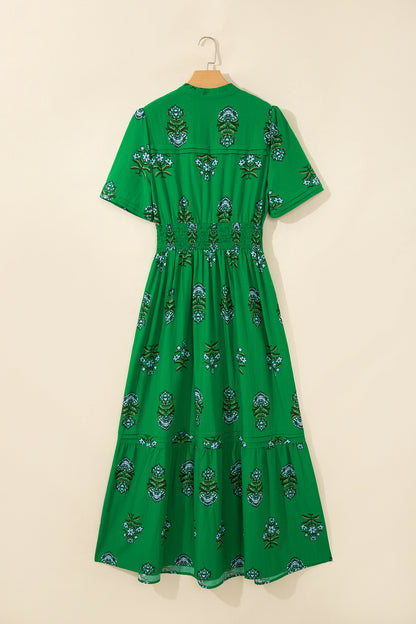Women's Green Floral High Waist Summer Maxi Dress