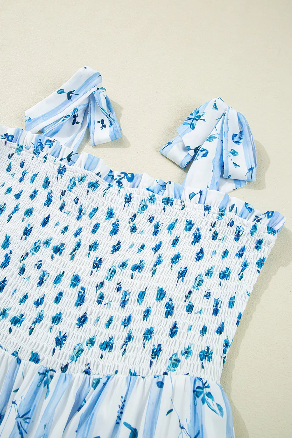 Sky Blue Floral Smocked Maxi Dress with Tie Straps