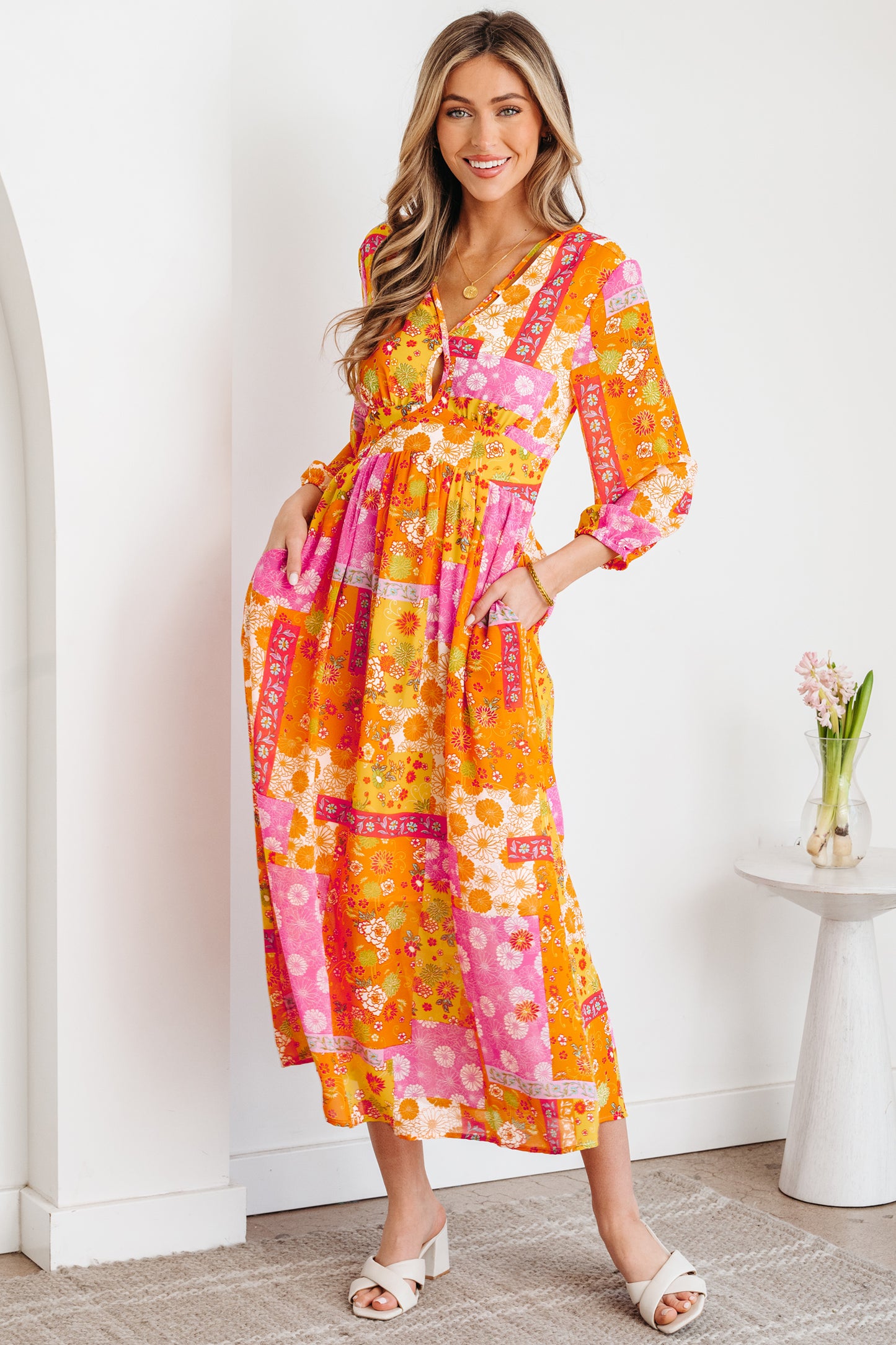 Women's Orange Floral Long Sleeve Summer Midi Dress
