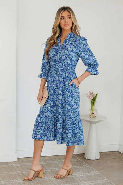 Women's Blue Floral V Neck Summer Midi Dress