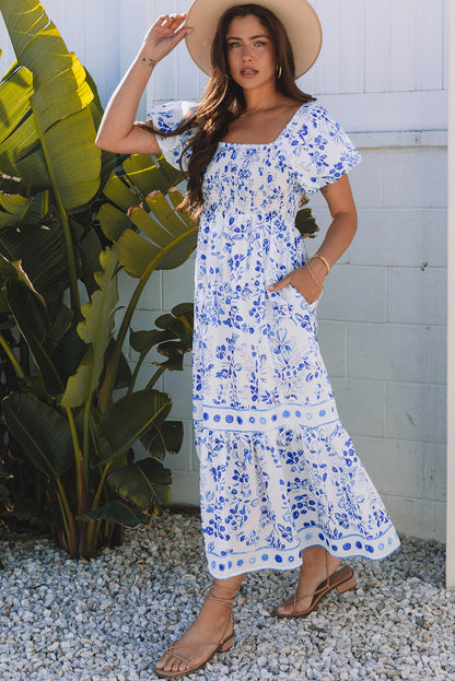 Women's Blue Floral Square Neck Bubble Sleeve Summer Maxi Dress