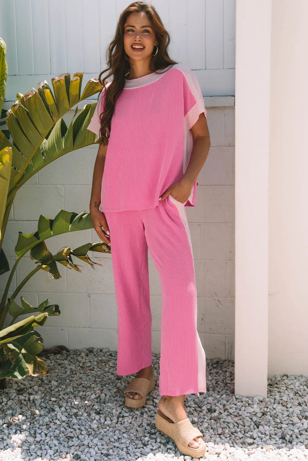 Ribbed Colourblock Co-ord Set with Wide-Leg Trousers