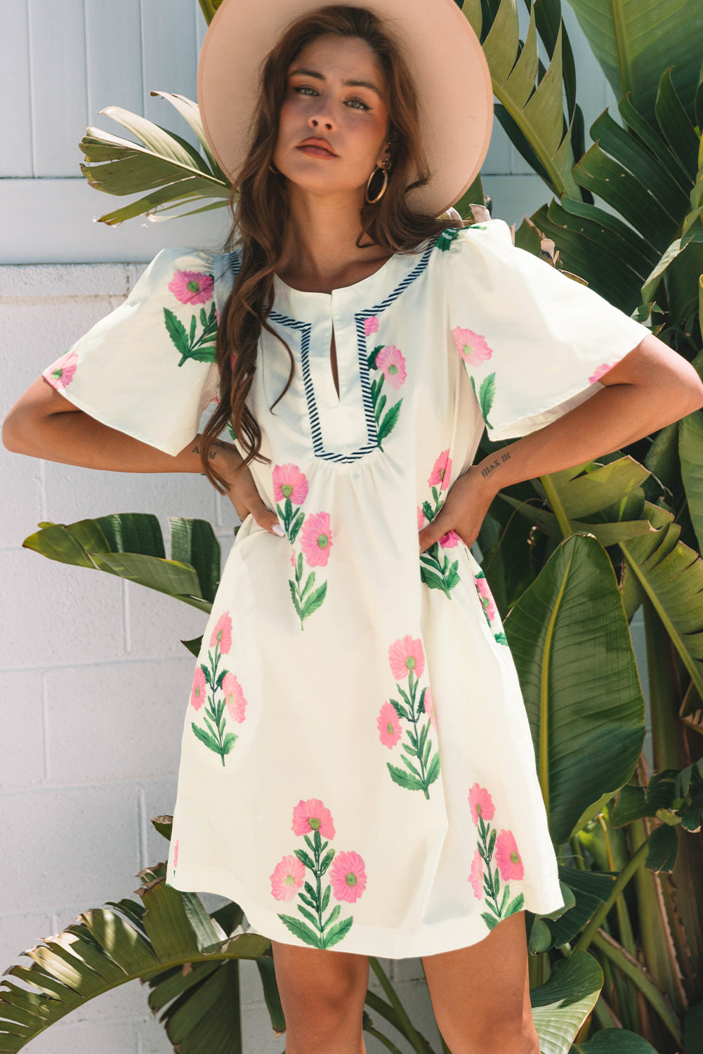 Women's White Floral Short Sleeve Split Neck Loose Summer Mini Dress