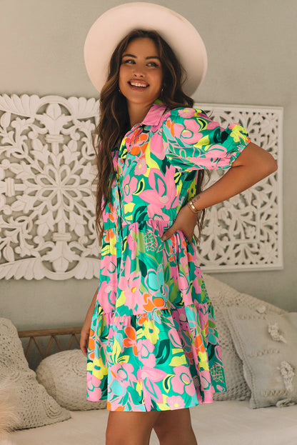 Women's Green Floral Puff Sleeve Summer Mini Dress