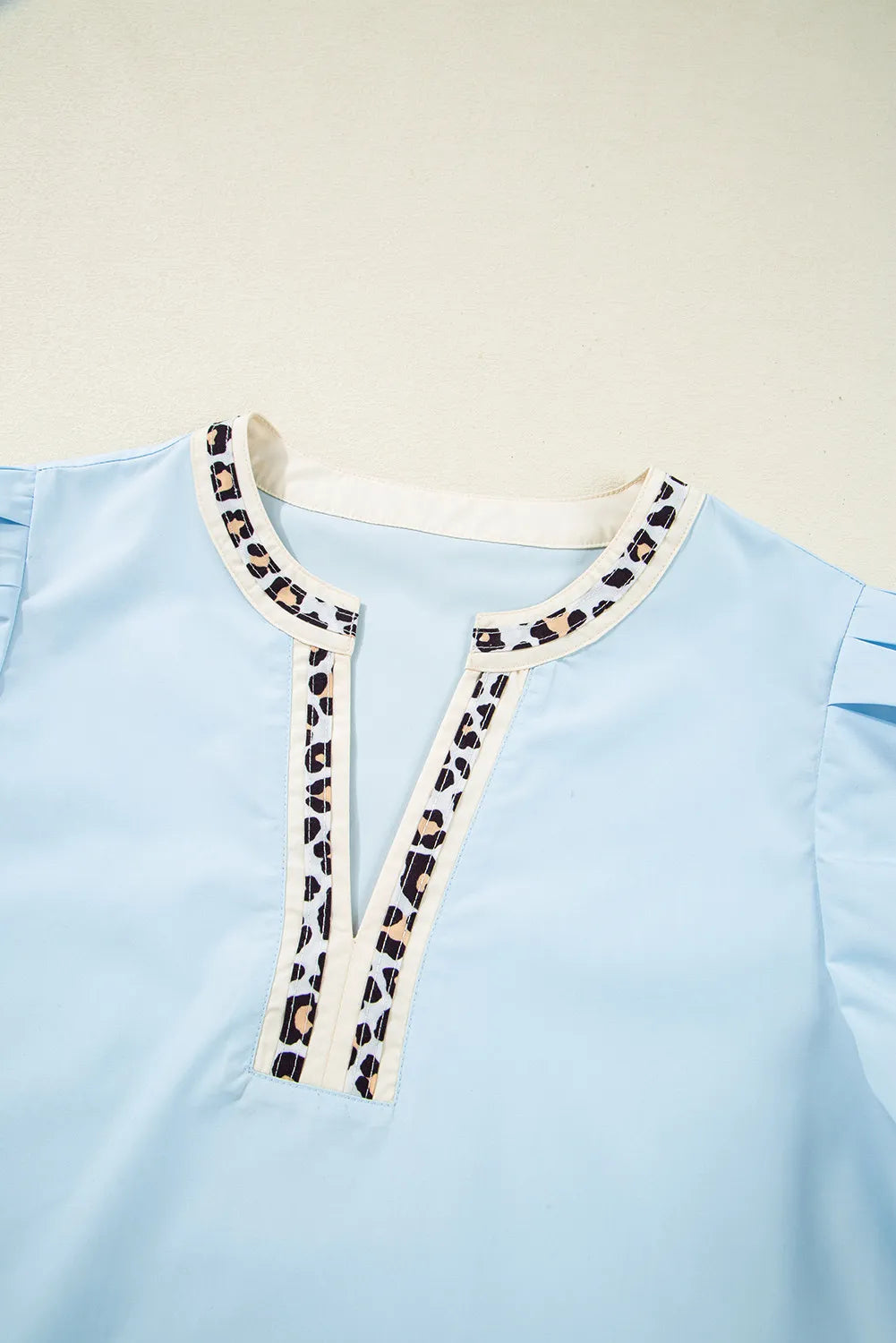 Sky Charm Puff Sleeve Blouse with Leopard Trim