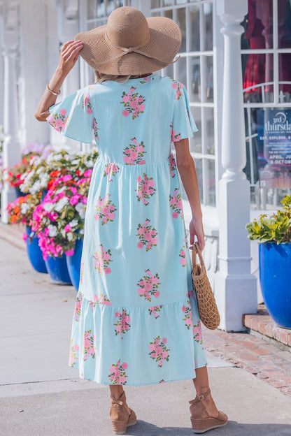 Women's Sky Blue Flutter Short Sleeve Floral Summer Maxi Dress