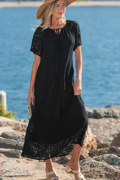 Women's Black Floral Lace Overlay Short Sleeve Summer Maxi Dress